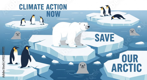 Polar bear and penguins on melting arctic ice floes with climate action message