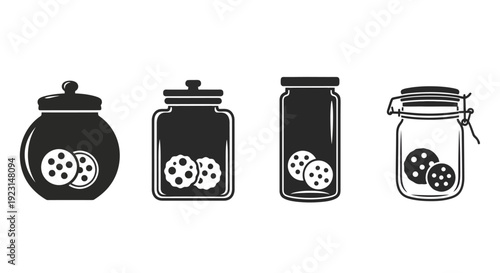 Cookie jar silhouette icon set with chocolate chip biscuits vector illustration