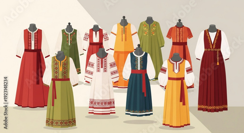 Traditional clothing from various cultures on display showcasing diverse dresses and outfits with vibrant colors and patterns
