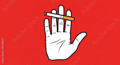 Hand with cigarette no smoking sign white hand on red background warning symbol