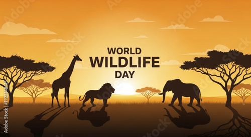 World wildlife day illustration with giraffe lion elephant silhouettes at sunset