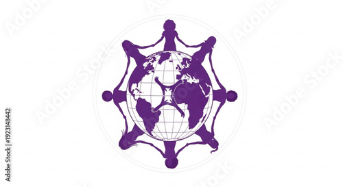 Purple globe icon with ship wheel on white background symbolizing global navigation and travel