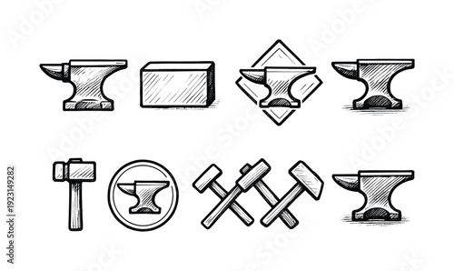 Blacksmith silhouette icon set. Forge, anvil, smithing tools in a minimalist design
