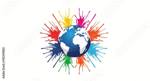 A colorful illustration of a globe surrounded by vibrant paint splashes in a celebration of Holi Global Unity with a theme of world unity and international cultural festivity