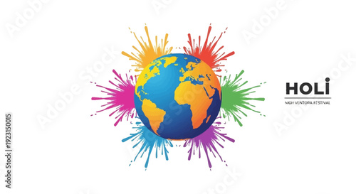 Vibrant illustration of a globe surrounded by colorful splashes celebrating Holi Global Unity with a theme of world unity and international cultural celebration