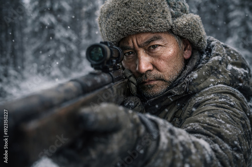 A older hunter aiming a scoped rifle in a snowy forest.