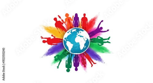 A vibrant illustration of diverse people celebrating Holi around a globe with colorful splashes, symbolizing global unity and international cultural celebration