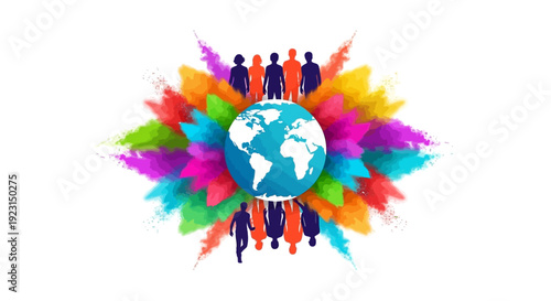 Vector illustration of diverse people standing around a globe with colorful splashes, representing global unity and international cultural celebration.