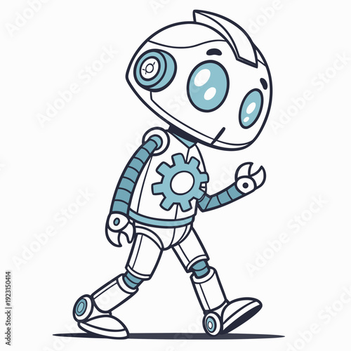 A cartoon robot walking with a gear on its chest