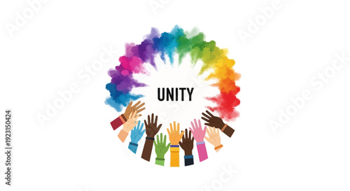 A vibrant illustration of diverse hands forming a circle around the word 'UNITY' with a colorful splash of rainbow hues on a white background, symbolizing global unity and cultural