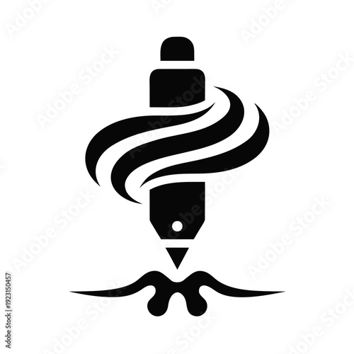 A black and white image of a pen nib with ink