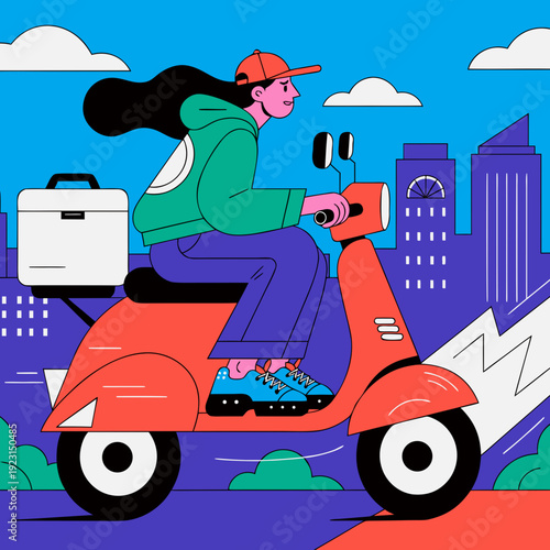 A cartoon person riding a scooter through the city with a briefcase