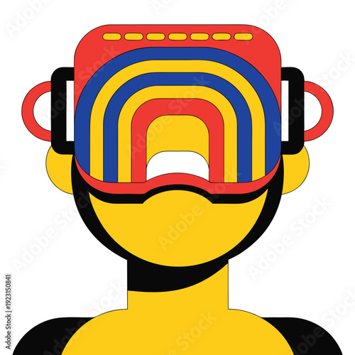 A cartoon person wearing colorful virtual reality goggles