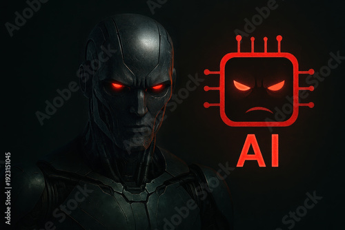 Dark Concept of Dangerous Artificial Intelligence with Hostile Robot and Angry Red Chip Icon