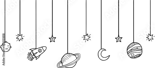 Space doodle background with hanging planet, rocket and star line art. Cute hand drawn cosmic elements in minimal black outline style. Seamless animation backdrop for nursery, education and creative v