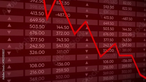 Stock market crash concept in red color with arrow going down, 4k animation. Numbers running showing trading and business downfall, finance footage backdrop.