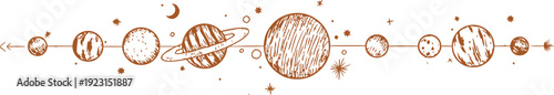 Solar system doodle background with hand drawn planet orbit sketch. Minimal cosmic line art banner in warm brown outline style. Seamless animation backdrop for science education and space themed video