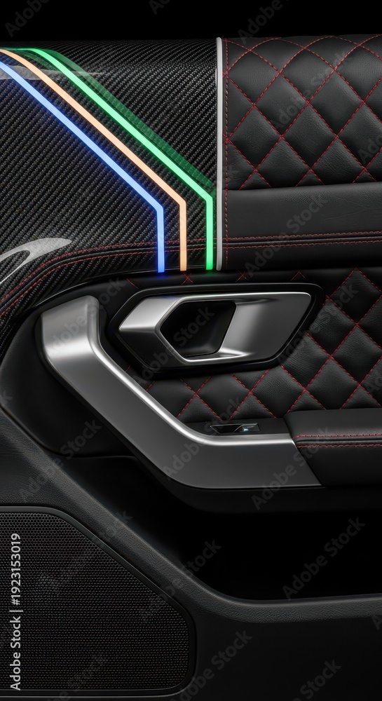 Obraz premium Luxurious automobile door panel features carbon fiber trim with colorful ambient lighting and quilted leather