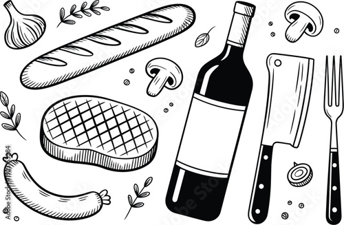 Hand drawn vintage food and cat icon collection, bread, sausage, coffee and wine elements in sketch style vector design for cafe and restaurant decor.