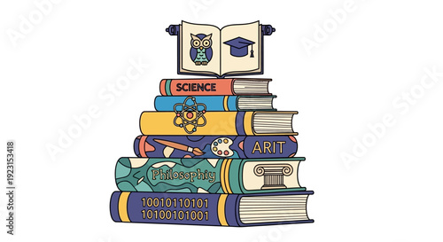 Vibrant stack of books on science, art, and philosophy in colorful illustration