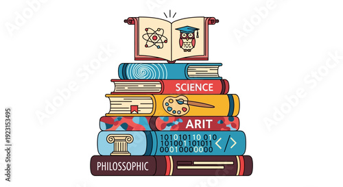 Colorful stack of books representing various subjects and knowledge