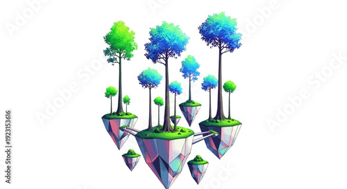 Vibrant floating islands with lush trees and bridges in a dreamlike landscape