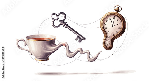 Vintage key and teacup with melting clock on white background