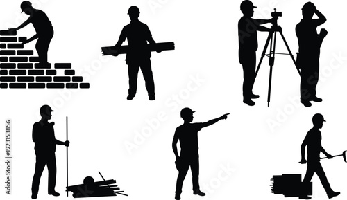 Construction Worker Silhouette Icons Set Featuring Bricklaying, Plank Carrying, Surveying, Pointing, and Pickaxe Tasks for Occupational Design