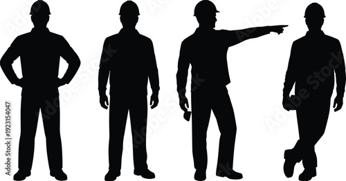 Construction Worker Silhouette Icons Set Featuring Hard Hat Poses, Pointing, Relaxed Stance, and Occupational Gestures for Industrial Design