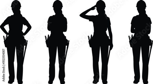Construction Worker Silhouette Icons Set Featuring Hard Hat Poses, Tool Belt, Saluting, Arms Crossed, and Occupational Gestures
