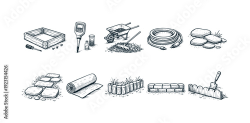 Gardening tools outline icon set. Essential garden, landscape, equipment icons collection