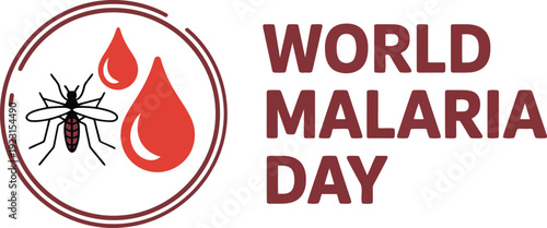 A mosquito outline and red blood drops are shown within a circular emblem for World Malaria Day
