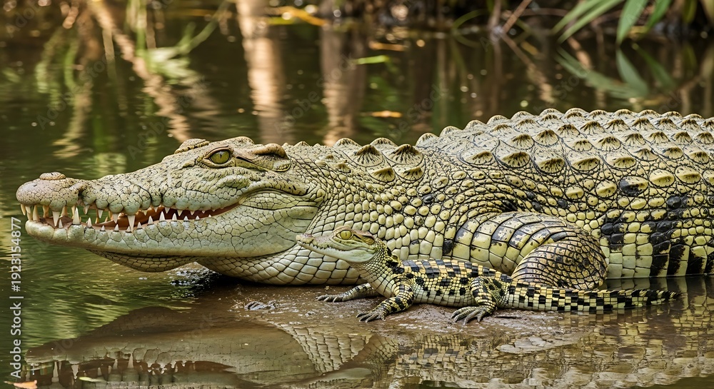 Obraz premium Crocodile resting in swampy water environment.