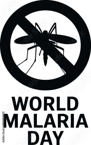 Monochrome graphic showing a mosquito in a universally forbidden symbol for World Malaria Day commemoration