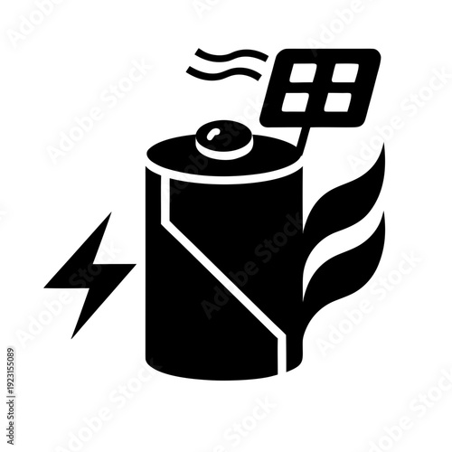 A battery on fire with a solar panel and lightning bolt