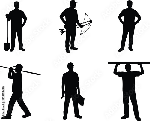 Occupational Silhouette Icons Set Featuring Shovel, Archery, Toolbox, Wrench, Pole Carrying, and Bar Lifting for Diverse Professions