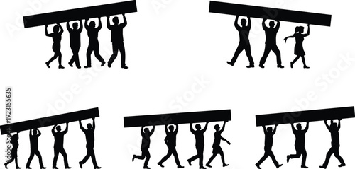 Construction worker team silhouettes carrying beam overhead collection, builder teamwork labor concept set, people illustration pack