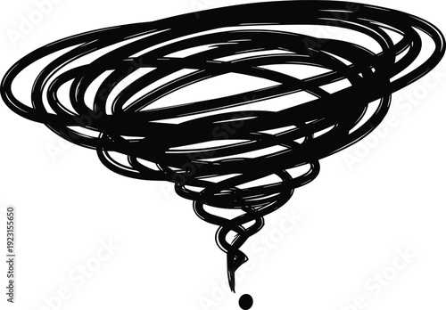 Black hand drawn tornado sketch, abstract vortex doodle, storm whirlwind illustration, swirling funnel cloud, messy ink spiral, twisting weather icon