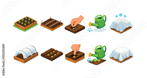 Gardening, farming flat icon set. Planting, growing, agriculture step-by-step icons