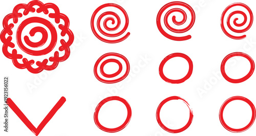 Red hand drawn circle marker strokes, hand-painted Japanese teacher grading symbols, spirals, sun stamp, and check marks on white.