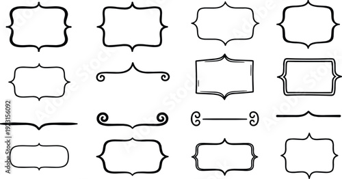 Solid silhouette vector vintage frames, minimalist line art borders, decorative calligraphic flourishes, elegant black brackets for stock illustration content.