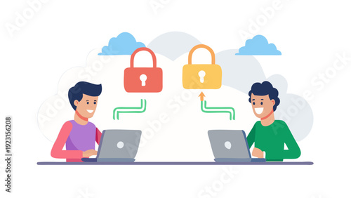 Cloud Collaboration: Two individuals engaged in collaborative work on laptops, symbolizing digital teamwork and data security, with a stylized cloud featuring a lock icon.
