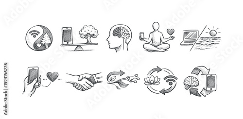 Nature and technology silhouette icon set. Eco-friendly, digital balance silhouettes