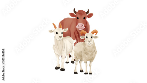 Cute Livestock Animals Group Cow Sheep and Goat