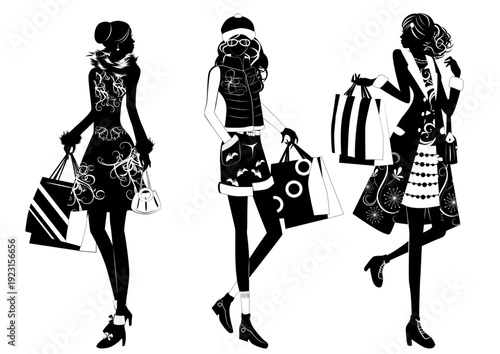 女性、シルエット、ショッピング