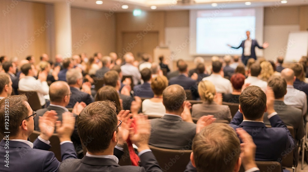 Obraz premium Audience clapping at a business conference or seminar with a speaker presenting on a screen