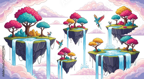 Whimsical collection of vibrant floating islands with waterfalls birds and tiny mythical creatures