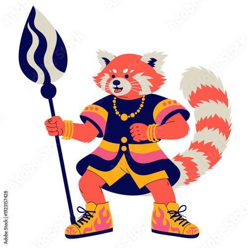 A red panda character holding a spear