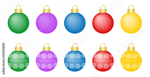 Christmas ball ornaments collection in different colors with and without snowflakes as a vector illustration