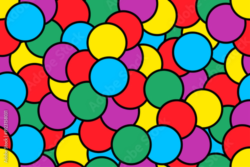 Seamless repeat pattern in a vector illustration of a colorful circles with black outline